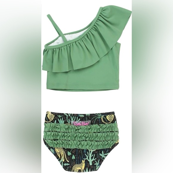 RUFFLE BUTTS Sz 5 Green One shoulder Top with Ruffled Bottom in tropical print - Picture 5 of 5
